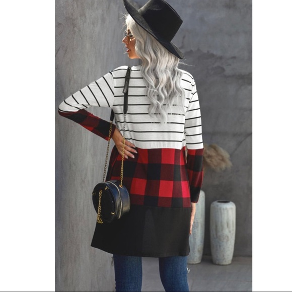 Red Plaid Colorblock Striped Cardigan - Picture 3 of 4